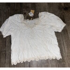Democracy Womens XL Embroidered Lace Trim Square Neck Blouse Off White